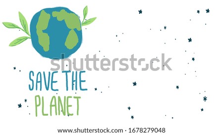 Earth day poster with copy space on white isolated backdrop. Earth planet for invitation or gift card, social banner or flyer. Phone case or cloth print art. Hand drawn style stock vector illustration