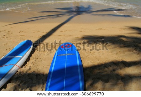 June 19, 2010 - Waikiki beach - Surfboards, sand and shadow of palm trees