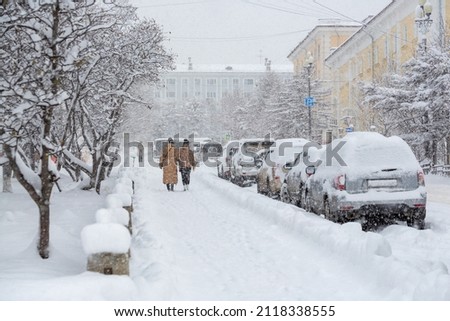 Similar – Image, Stock Photo Woman in heavy snowfall in the park