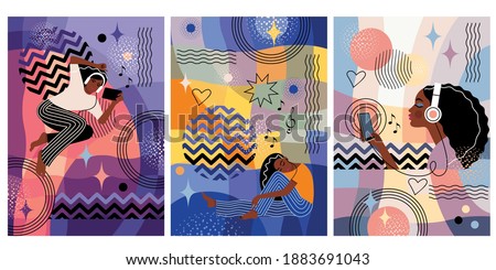 set of abstract geometric posters, covers, banners. a dark-skinned teenage girl listens to music on various gadgets, three options in the format of a postcard. stock vector illustration. EPS 10.