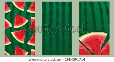 set of templates, covers for stories with watermelon. striped green background and red slices of watermelon form three variants of a bright summer abstract background on the theme of fruit. EPS 10.
		