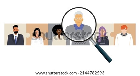 an elderly employee under a magnifying glass. the concept of ageism, reduction of personnel. discrimination of a person based on his age. stock vector illustration. EPS 10.