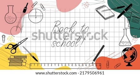 school banner or template with colorful abstract spots and lines, with icons of school stationery. abstract banner with the inscription back to school. stock vector illustration. EPS 10.