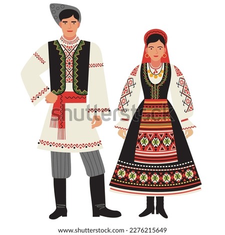 girl and a young man in Moldovan folk costumes isolated on a white background. young couple in the traditional national dress of Moldova. flat drawing in cartoon style. stock vector illustration. EPS 
