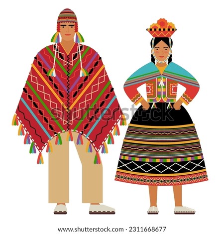 girl and young man in Peruvian folk costume isolated on a white background. couple of young people in the national traditional clothes of Peru. flat drawing in cartoon style. stock vector EPS 10.