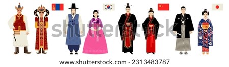 flags and national costumes of Central and East Asian countries. people in traditional costumes of Mongolia, Korea, China, Japan isolated on white background. set of people in East Asian folk clothes.