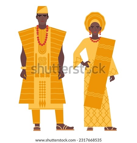 girl and young man in Nigerian folk costumes isolated on a white background. couple of young people in the national traditional clothes of Nigeria. flat drawing in cartoon style. stock vector EPS 10.