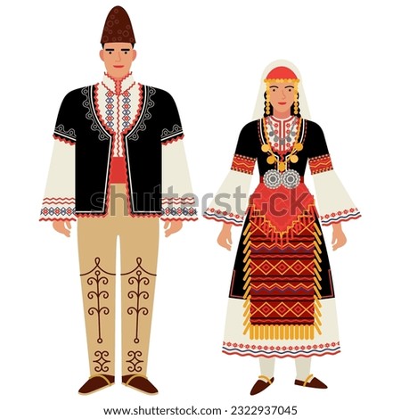 girl and young man in Bulgarian folk costume isolated on a white background. couple of young people in the national traditional clothes of Bulgaria. flat drawing in cartoon style. stock vector EPS 10.