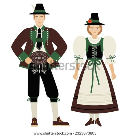 girl and young man in Austrian folk costume isolated on a white background. couple of young people in the national traditional clothes of Austria. flat drawing in cartoon style. stock vector EPS 10.