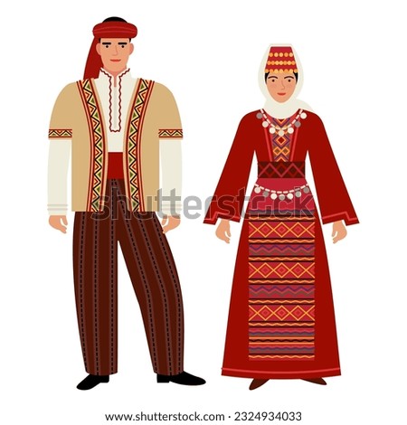 girl and young man in an Armenian folk costume isolated on a white background. couple of young people in the national traditional clothes of Armenia. flat drawing in cartoon style. stock vector EPS 10