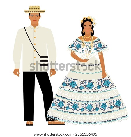 girl and young man in Panama folk costume isolated on white background. couple of young people in national traditional clothes of Panama flat illustration in cartoon style. stock vector illustration. 