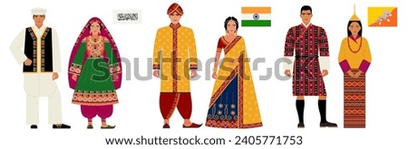 flags and national costumes of South Asian countries. pairs of young people in the national, traditional clothes of Afghanistan, India, Bhutan, highlighted on a white background. flat drawing. EPS 10.