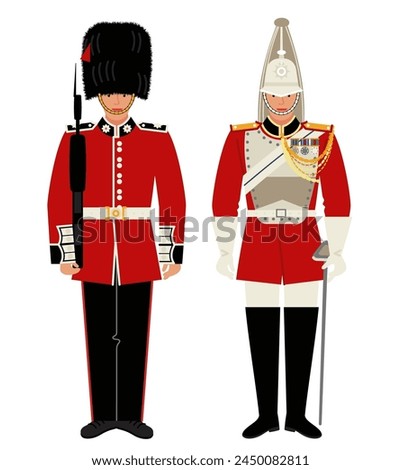 man in the uniform of a British guardsman and in the uniform of a horse guardsman isolated on white background. The costume of the royal guard in  flat cartoon style. stock vector illustration. EPS 10