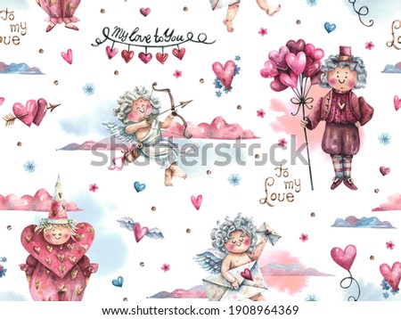 Romantic watercolor seamless pattern with cupids, hearts and flowers in vintage style. Cupid with bow and arrow, harlequin with balloons hearts hand drawn background. Valentine's Day