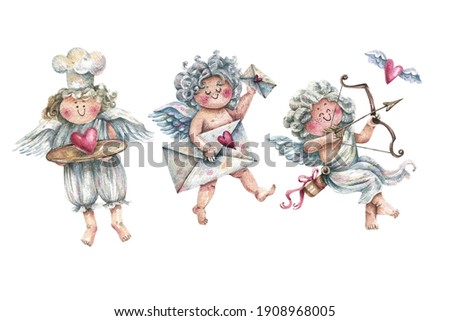 Cute watercolor cupids characters in vintage style. Cupid the cook, cupid with bow and arrow, cupid with love letters. Illustration for valentine's day, wedding, romantic event.