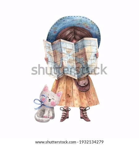Cute girl traveler with a kitten looks at the map. Watercolor illustration for postcard, banner, book isolated on white background. A cute girl and a kitten in a journey.