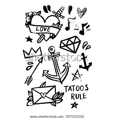 Set of vector illustrations in grunge style, anchor, heart and dagger, envelope, arrow, crown. Old school tattoo illustrations set.