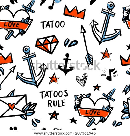 Seamless pattern old school tattoo. Watercolor. Vector. 