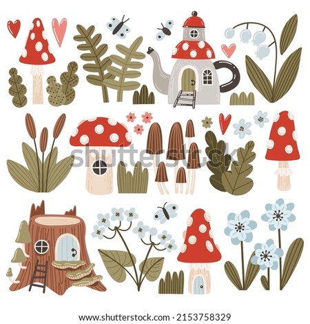 Vector set of cartoon forest illustrations. Amanita house, kettle house, stump house, flowers, forest flowers, botany, fern, butterflies and mushrooms - elements for design.