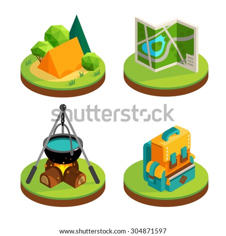 Set of isometric icons  outdoor recreation. Tent in the woods, map, dixie, backpack - Isometric icons. Bright, cartoon icons on the theme of forest recreation.