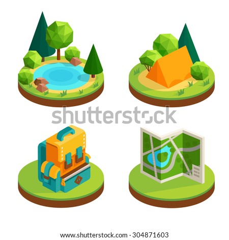 Set of isometric icons  outdoor recreation. Lake in the woods, tent, backpack and map - Isometric icons. Bright, cartoon icons on the theme of forest recreation.