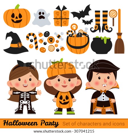 Vector set of characters and icons for Halloween in cartoon style. Pumpkin, ghost, candy, witches cauldron and other traditional elements of Halloween. Children in costumes for Halloween.