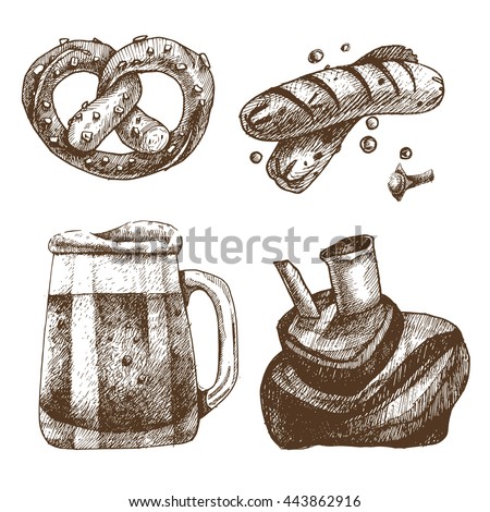 Set of vector hand-drawn elements for Oktoberfest. Traditional Bavarian food. Beer, knuckle, sausages and pretzels.