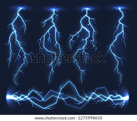Realistic lightnings. Electricity thunder light storm flash thunderstorm in cloud. Nature power energy charge, thunder shock in set