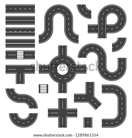 Top view road elements. Street junction and roads objects, asphalt city speedway. Traffic crossroad footpaths vector isolated set