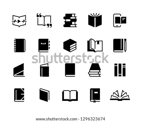 Black books icons. Study education book set, textbook magazine diary bible business collection. Vector book logo