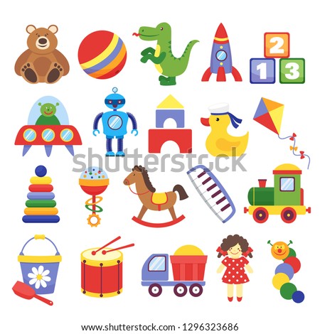 Cartoon toys. Game toy teddy bear dinosaur rocket childrens cubes kite robot. Kids dolls vector collection