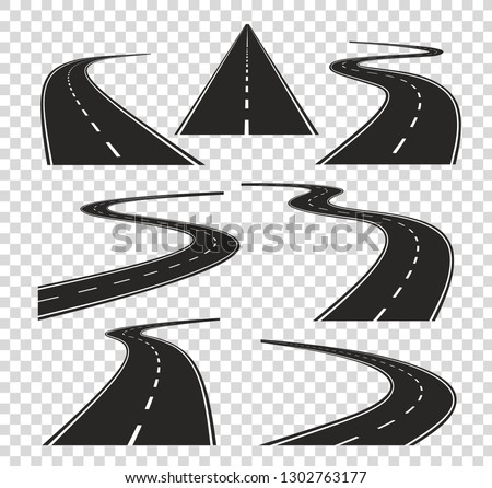 Roads in perspective. Bended pathway road curved city street to horizon. Journey asphalt highway isolated vector set