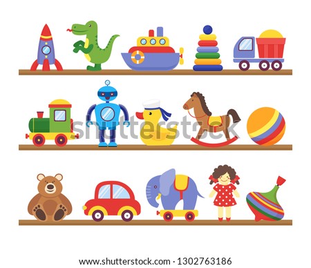 Toys on shelves. Cartoon toy on baby shopping wooden shelf. Dinosaur robot car doll isolated vector set