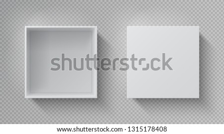 Realistic box top view. Open white package mockup, cardboard closed gift box blank paper pack. Square container vector design template