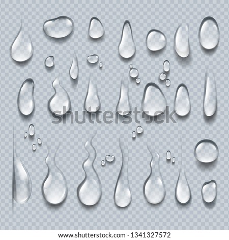 Realistic water drops. 3D transparent condensation droplets, bubble collection on clear surface. Rain drops vector set