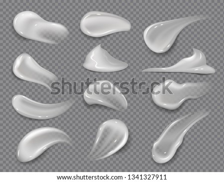 Cream smears. Realistic white cosmetic gel, creamy toothpaste blobs on transparent background. Vector skincare lotion set