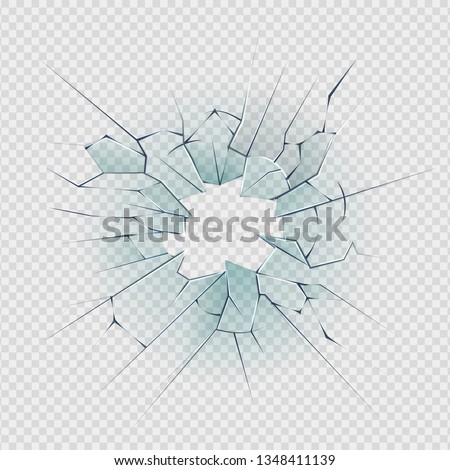 Broken glass. Cracked window texture realistic destruction hole in transparent damaged glass. Vector realistic shattered glass template Foto d'archivio © 