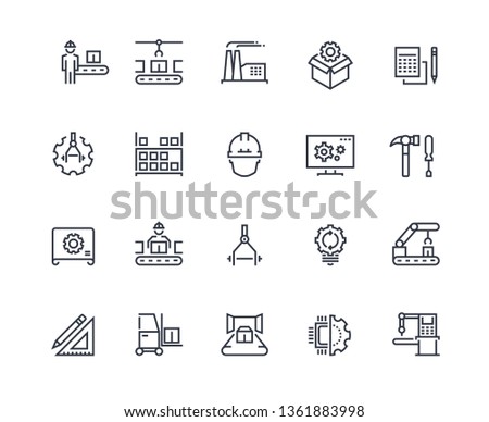 Production line icons. Industry machine production, factory conveyor line, automatic robot manipulator. Industrial vector pictograms template concept engineering set