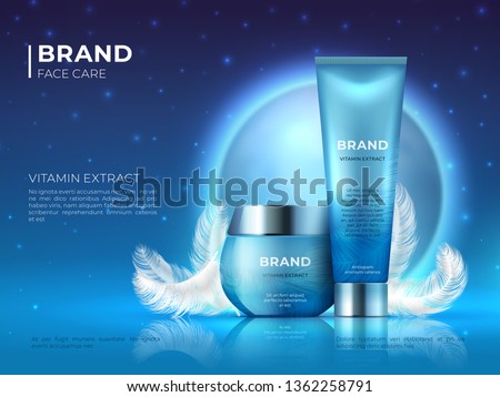 Cosmetic product background. Night skin care beauty brand cream realistic 3D lotion container. Vector cosmetic promotion 3D poster template