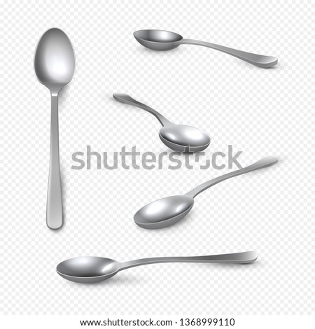 Realistic metal spoon. 3D silver teaspoon isolated on white, stainless steel shiny tablespoon. Vector isometric set table utensils of realistic spoon