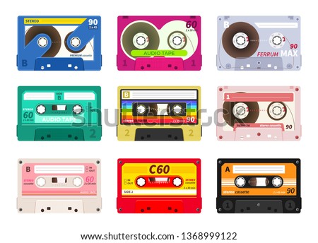 Vintage music cassettes. Retro dj sound tape, 1980s rave party stereo mix, old school record technology. Vector old 90s coloured plastic cassettes set