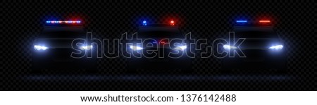 Realistic police headlights. Car glowing led light effect, rare and front siren flare, red and blue police light. Vector illustration 3d set