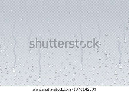 Water drops background. Shower steam condensation drips on transparent glass, rain drops on window. Vector realistic shower water drops 商業照片 © 