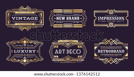 Art deco labels. Vintage ornamental logos, 1920s vintage golden badge, nouveau decorative banners. Vector art deco emblems illustration