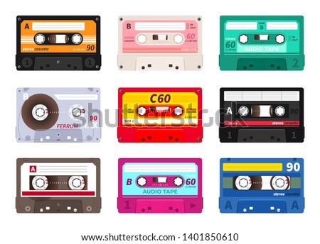 Retro cassettes. Vintage 1980s music tape, dj rave party mix, realistic stereo record set. Vector old school music cassette for media player