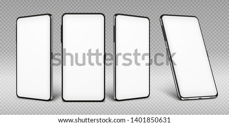 Realistic smartphone mockup. Cellphone frame with blank display isolated templates, phone different angles views. Vector mobile device concept Сток-фото © 