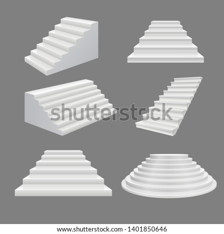 Building stairs illustration. 3D scala illustration white modern staircase on top floor. Vector decoration ladder set