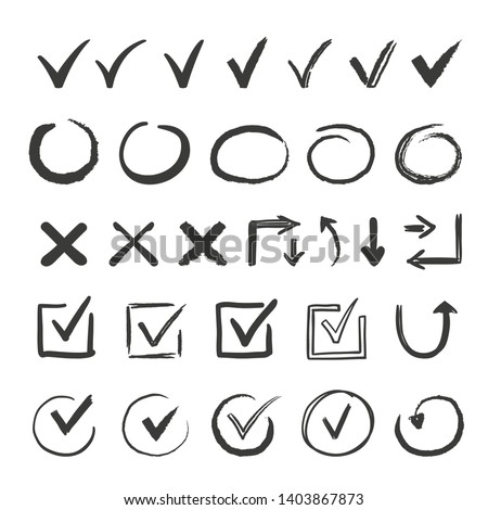 Hand drawn check signs. Doodle v mark for list items, checkbox chalk icons and sketch checkmarks. Vector checklist marks icon set