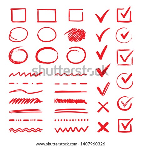 Doodle check marks and underlines. Hand drawn red strokes and pen markings V marks for list items. Vector marker check handwritten signs and checkbox