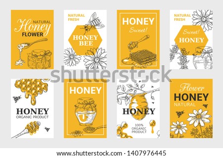 Honey sketch poster. Honeycomb and bees flyer set, organic food design, beehive, jar and flowers layout. Vector hand drawn image natural elements beeswax